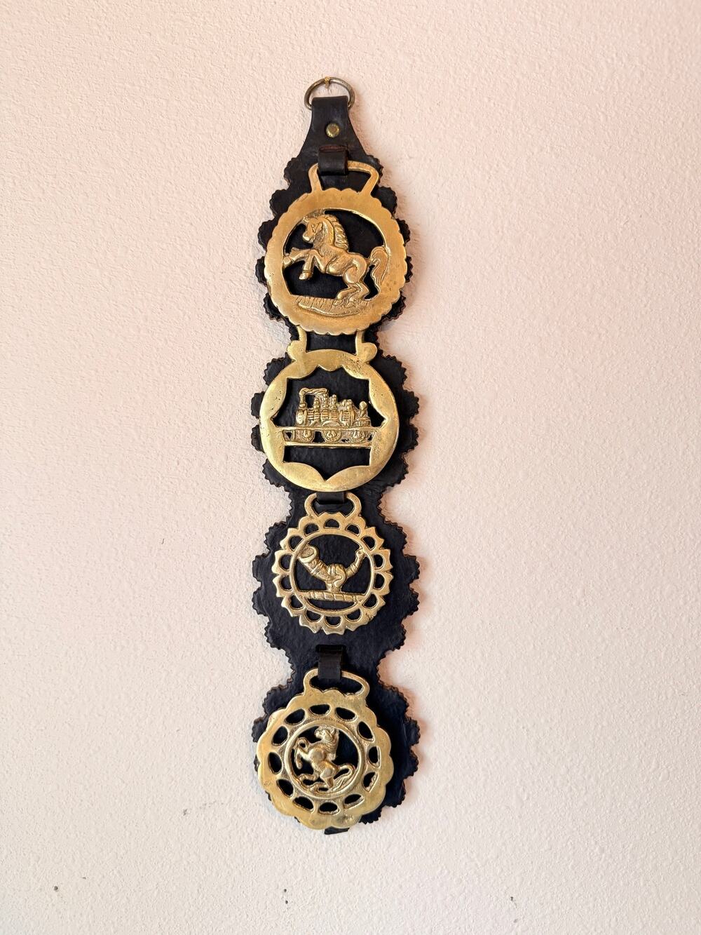 Vtg English Horse Brass 4 Medallions on Strap Equestrian Winston Churchill